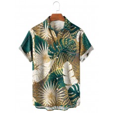 Gold and Green Tropical Leaves Hawaiian Short Sleeve Shirt